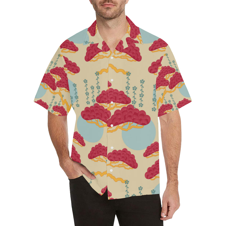 Red Bonsai gray sun japanese pattern Men's All Over Print Hawaiian Shirt