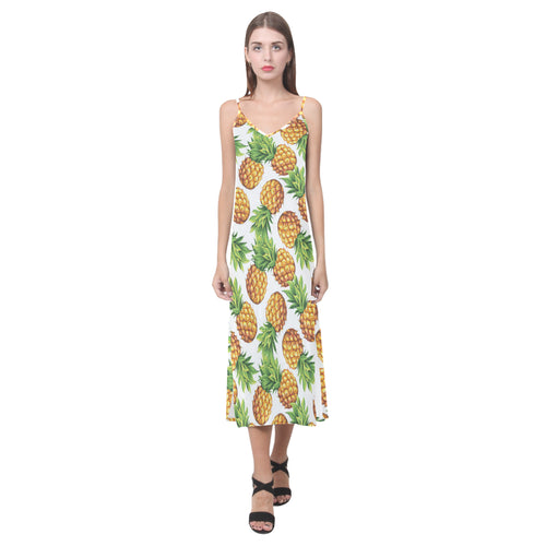 Pineapples design pattern V-Neck Open Fork Long Dress