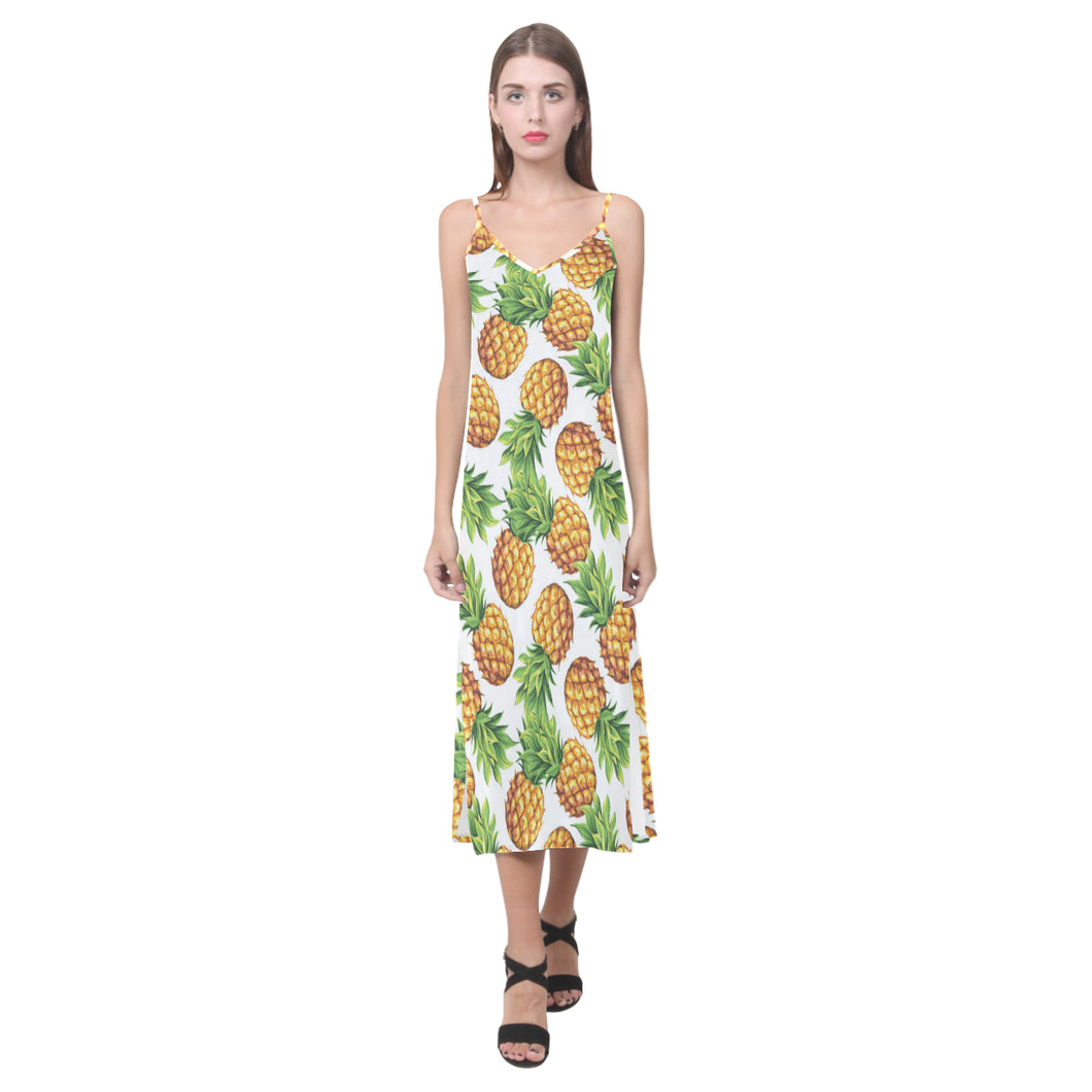 Pineapples design pattern V-Neck Open Fork Long Dress