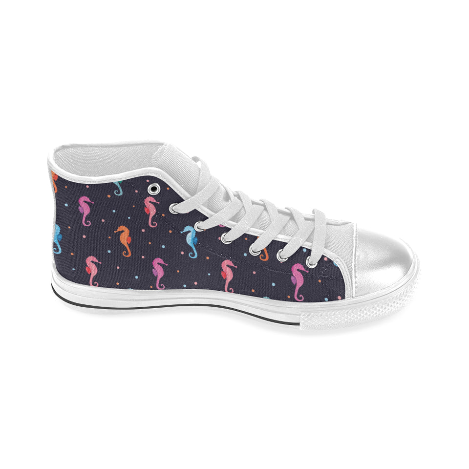 Watercolor colorful seahorse pattern Women's High Top Canvas Shoes White