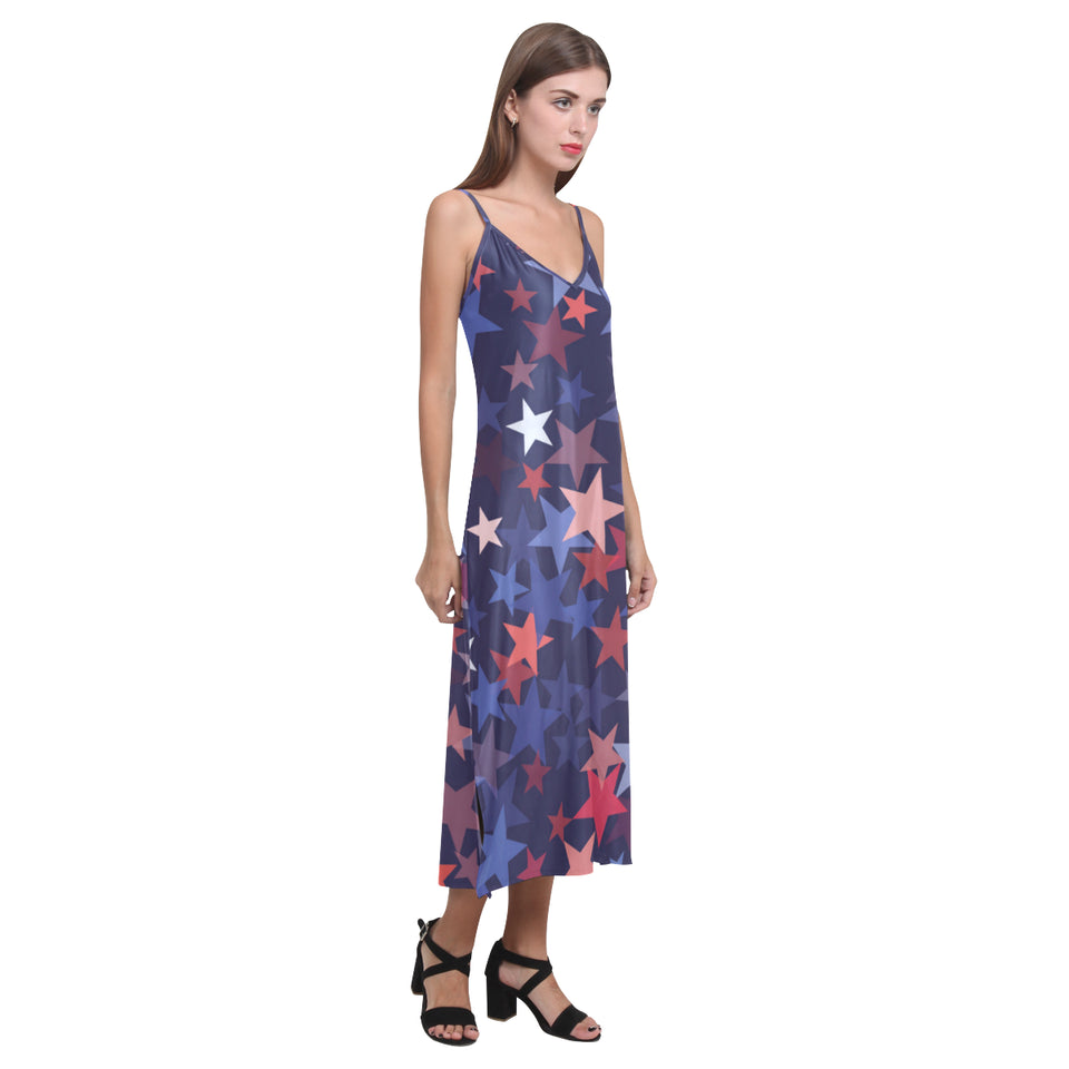 Red blue star pattern V-Neck Open Fork Long Dress