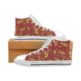 Saxophone cornet pattern red background Men's High Top Canvas Shoes White