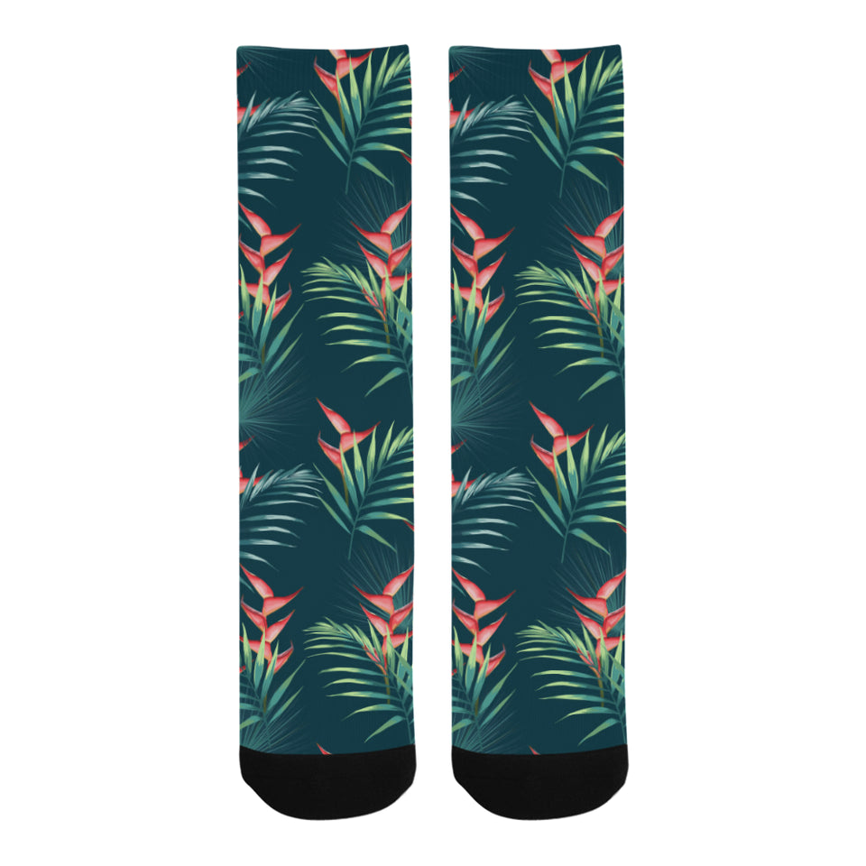 heliconia flowers, palm and monstera leaves on bla Crew Socks