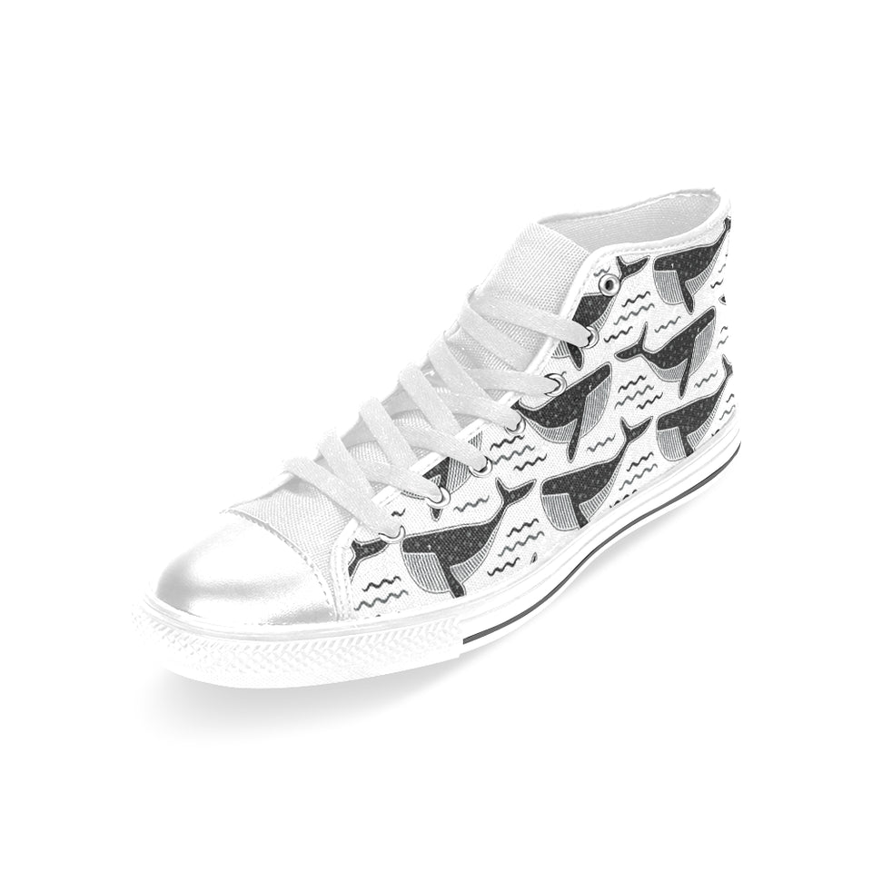 Black whale pattern Women's High Top Canvas Shoes White