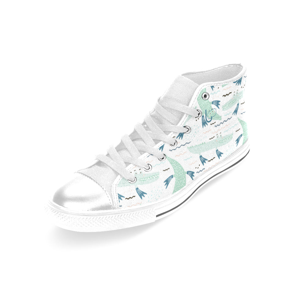 Crocodile diver pattern Women's High Top Canvas Shoes White