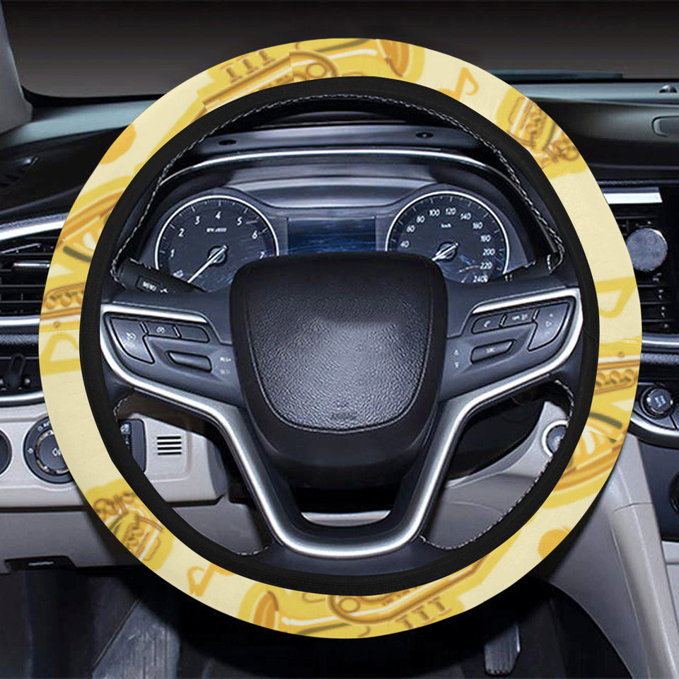 Saxophone cornet pattern yellow background Car Steering Wheel Cover