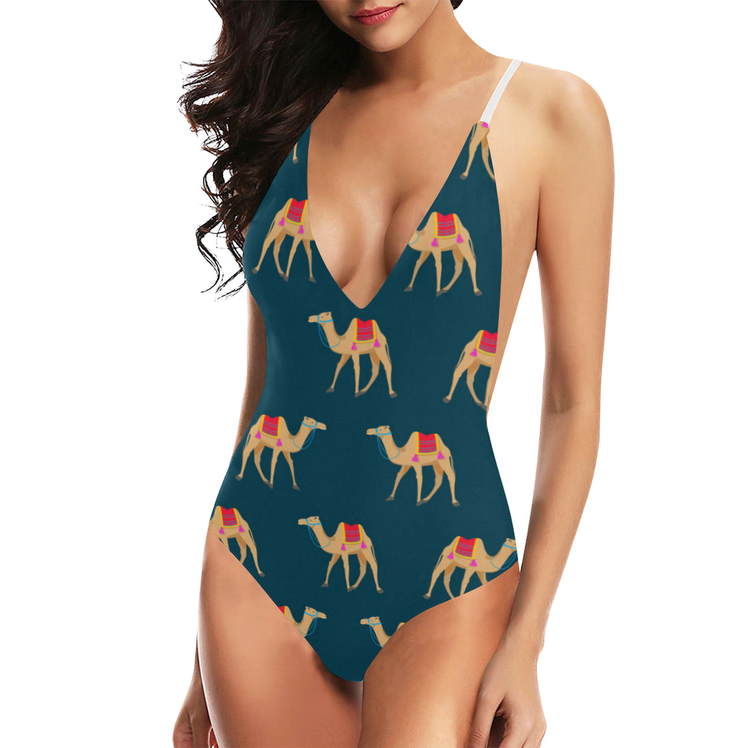 Camel pattern blue blackground Women's One-Piece Swimsuit