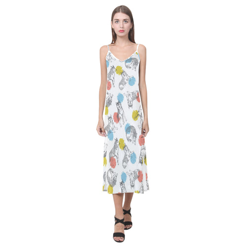 Siberian husky and colorful circle pattern V-Neck Open Fork Long Dress