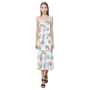 Siberian husky and colorful circle pattern V-Neck Open Fork Long Dress