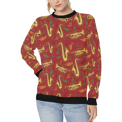 Saxophone cornet pattern red background Women's Crew Neck Sweatshirt