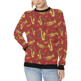 Saxophone cornet pattern red background Women's Crew Neck Sweatshirt