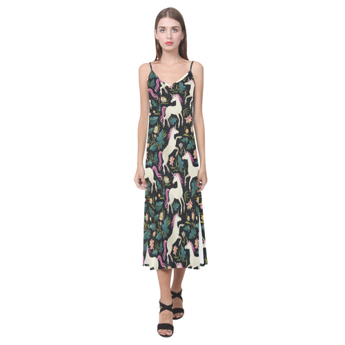 Unicorns forest background V-Neck Open Fork Long Dress