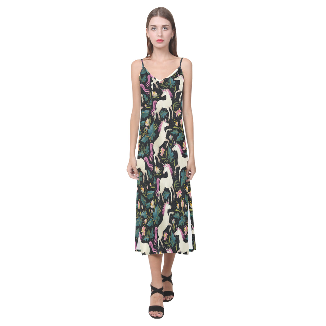 Unicorns forest background V-Neck Open Fork Long Dress