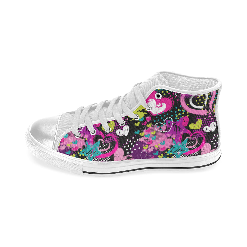 heart dot wave star creative design pattern Women's High Top Canvas Shoes White
