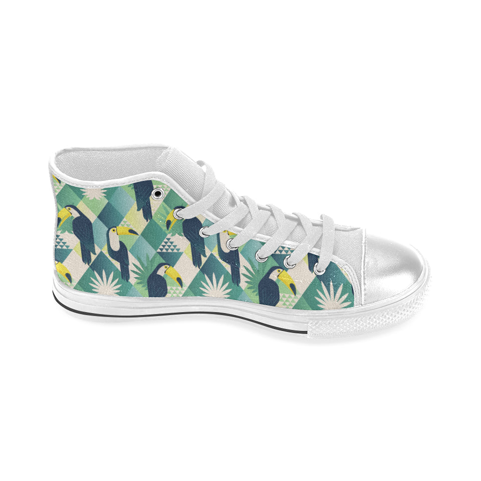 Toucan tropical leaves design pattern Women's High Top Canvas Shoes White
