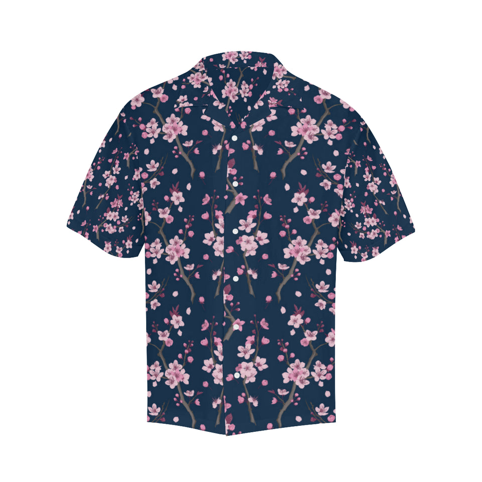 Pink sakura cherry blossom blue background Men's All Over Print Hawaiian Shirt