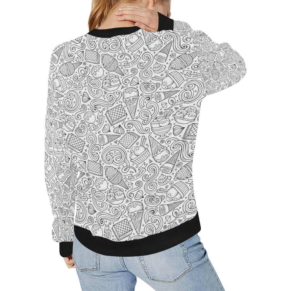 Cartoon hand drawn ice cream black white Women's Crew Neck Sweatshirt