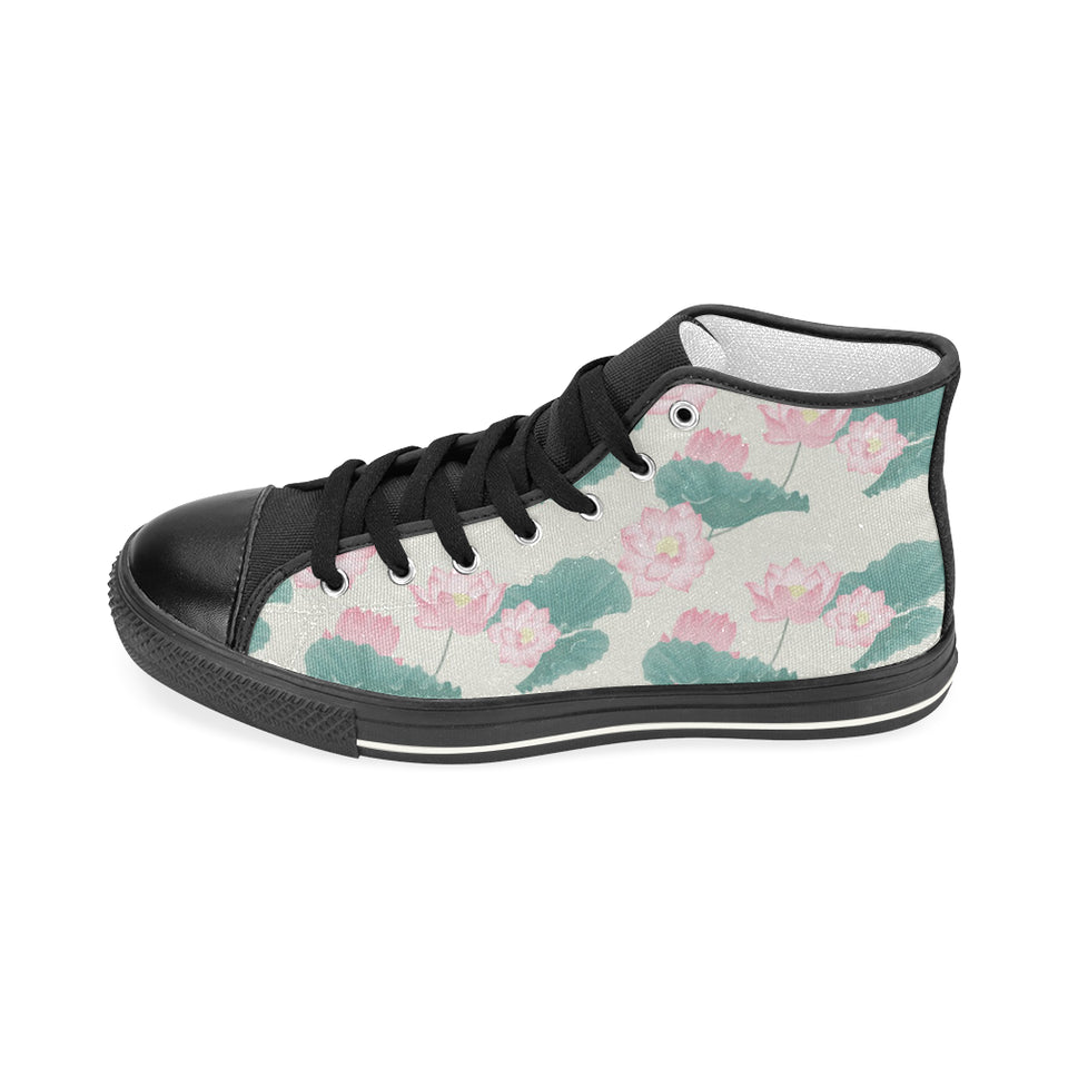 Pink lotus waterlily leaves pattern Women's High Top Canvas Shoes Black