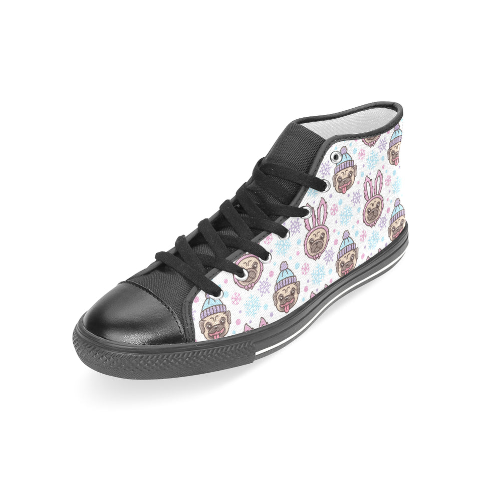 Cute pug hat rabbit costume pattern Women's High Top Canvas Shoes Black