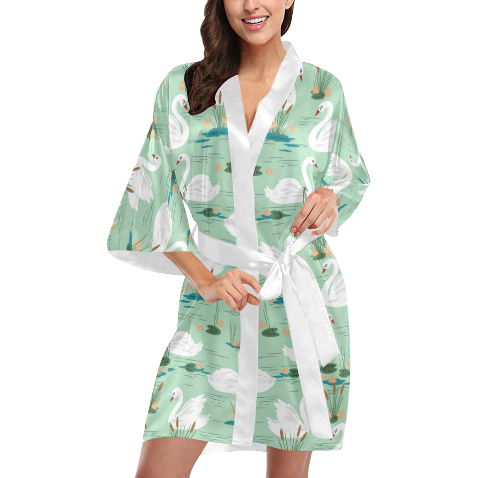 White swan lake pattern Women's Short Kimono Robe