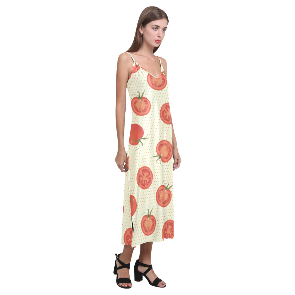Tomato dot background V-Neck Open Fork Long Dress