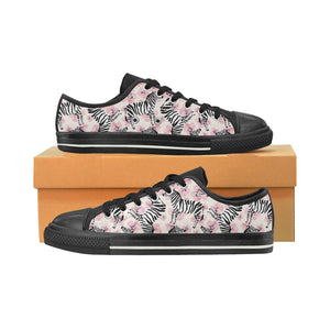 Zebra pink flower background Kids' Boys' Girls' Low Top Canvas Shoes Black