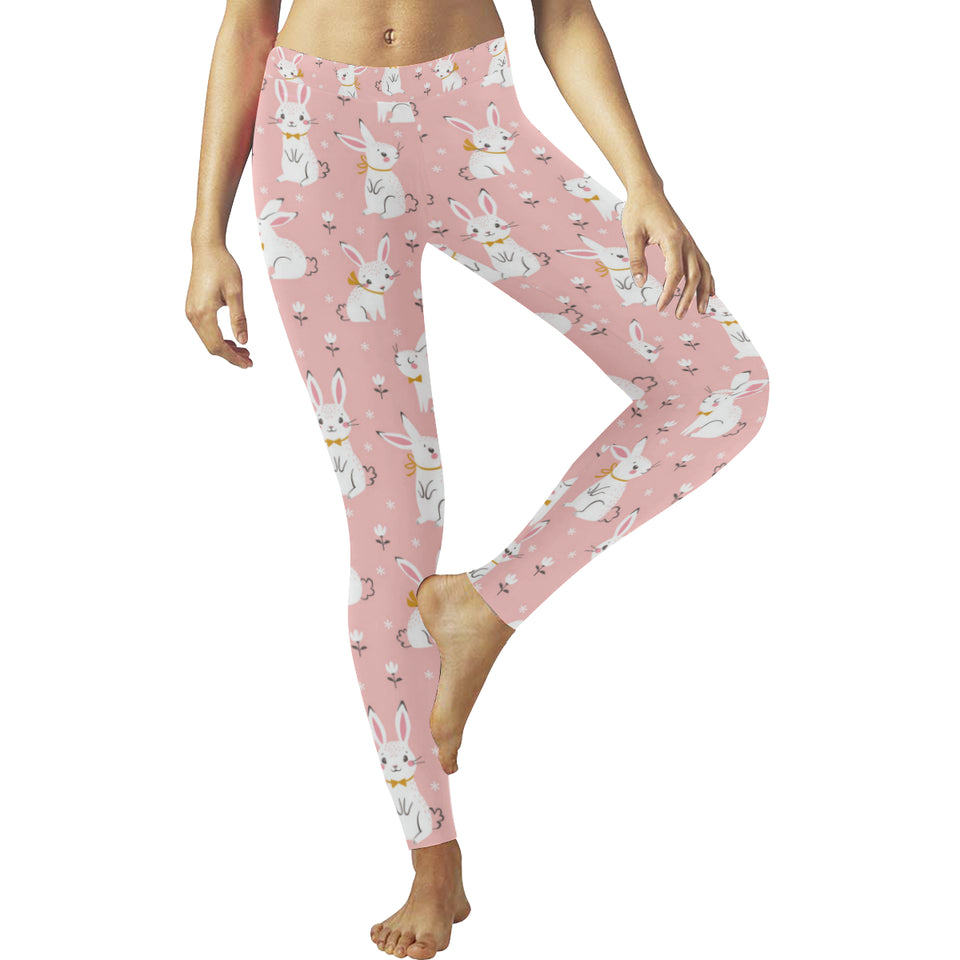 Cute white rabbit flower pink background Women's Legging Fulfilled In US
