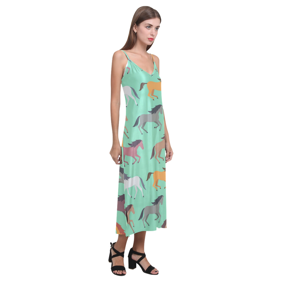 Colorful horses pattern V-Neck Open Fork Long Dress