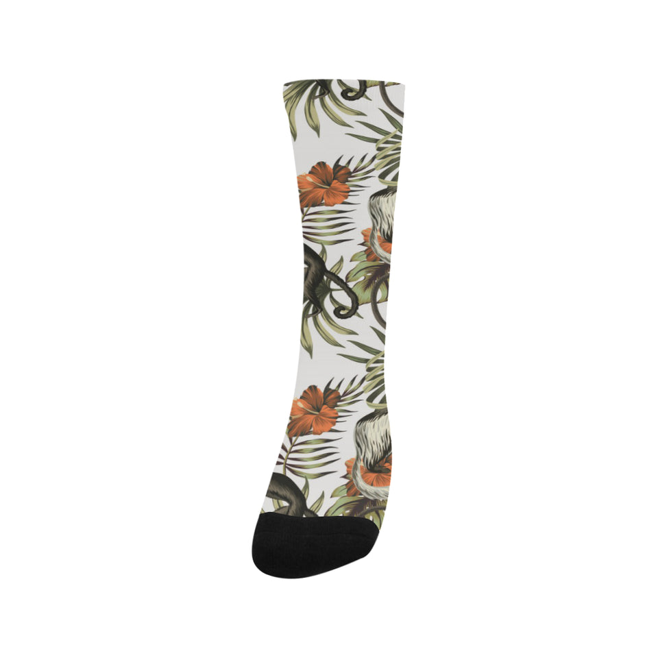 Monkey red hibiscus flower palm leaves floral patt Crew Socks