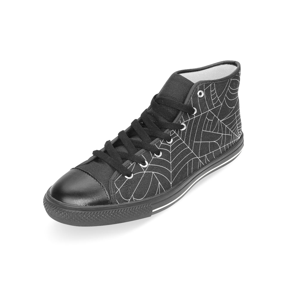 Spider web pattern Black background white cobweb Women's High Top Canvas Shoes Black