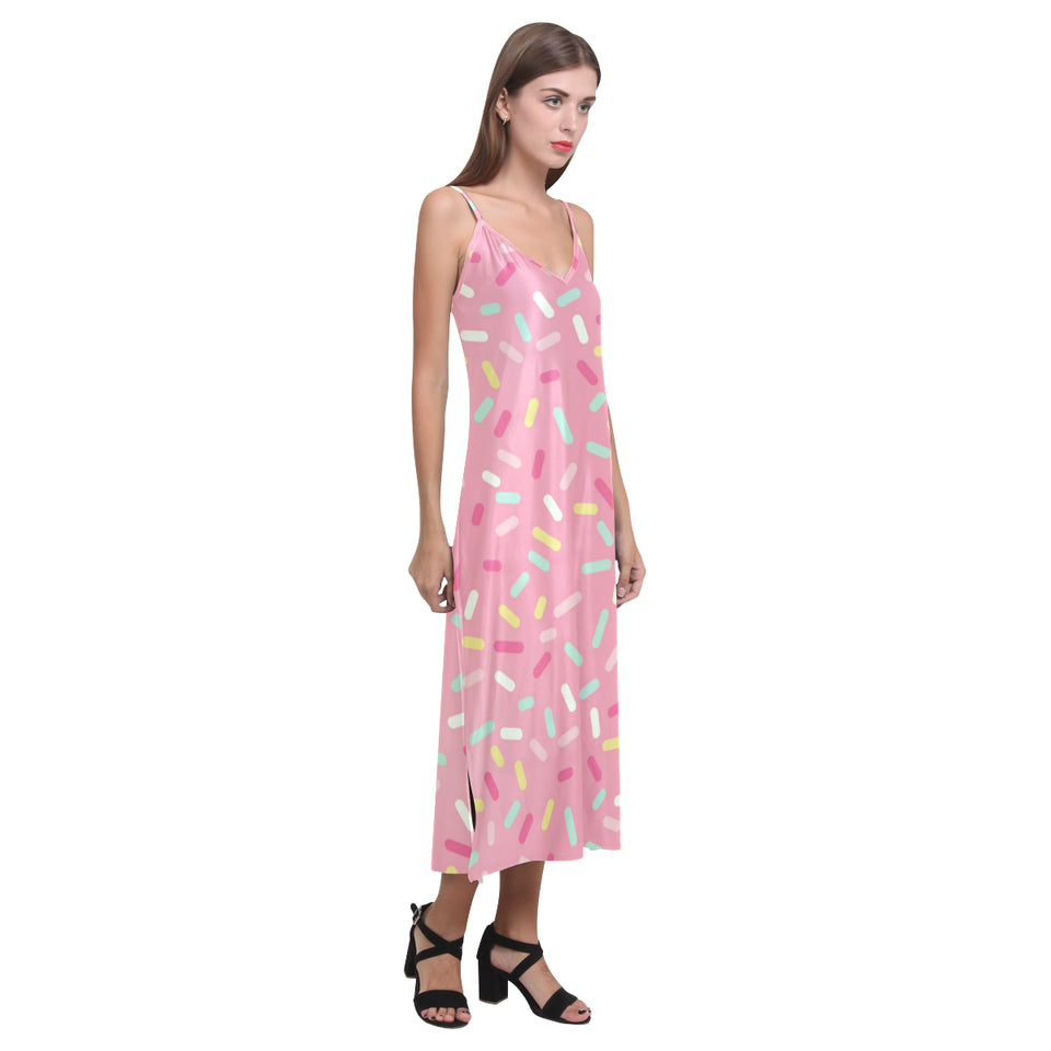 Pink donut glaze candy pattern V-Neck Open Fork Long Dress