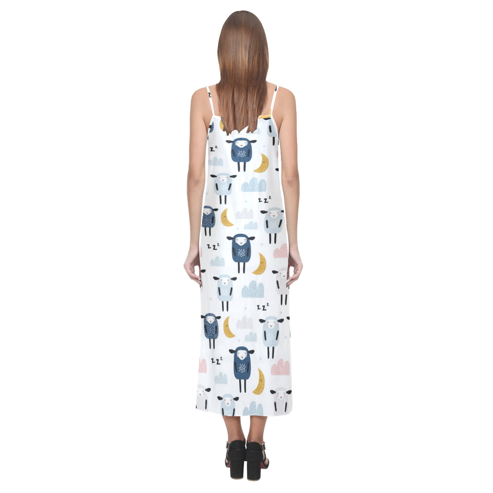 Cute sleeping sheep moon cloud pattern V-Neck Open Fork Long Dress