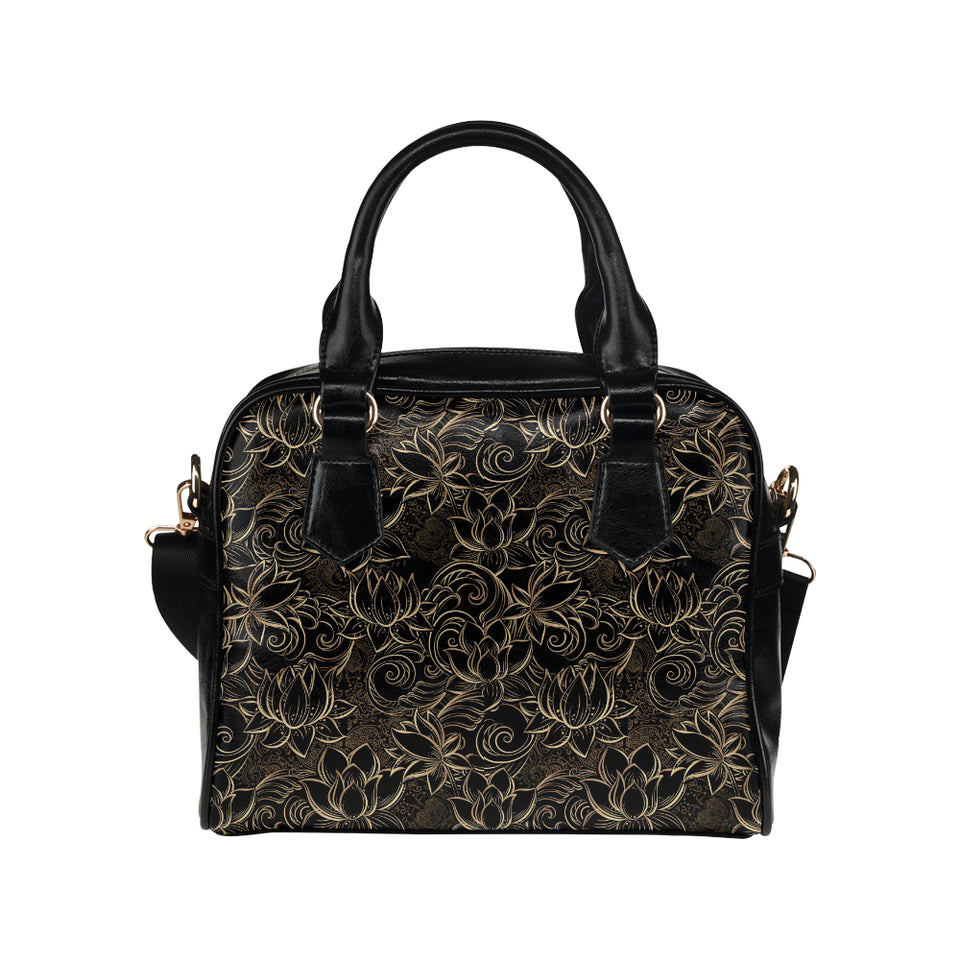 luxurious gold lotus waterlily black background Shoulder Handbag