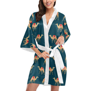 Camel pattern blue blackground Women's Short Kimono Robe