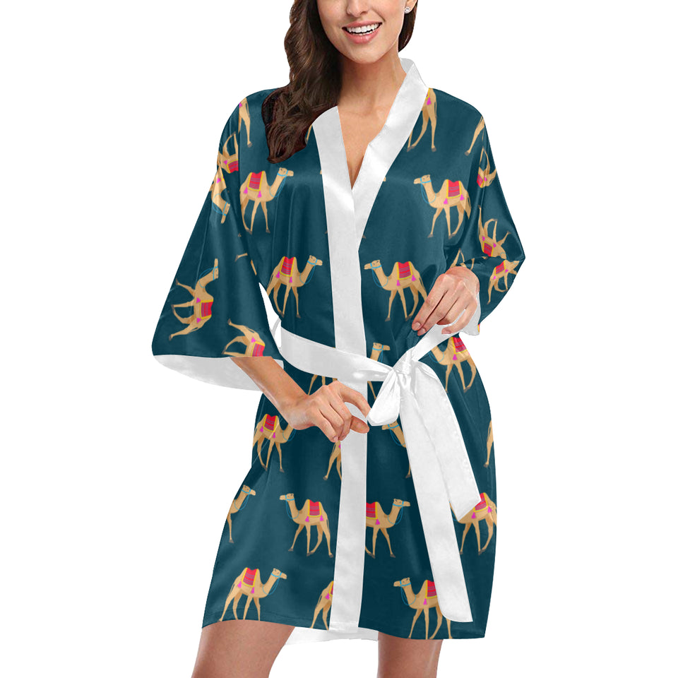 Camel pattern blue blackground Women's Short Kimono Robe
