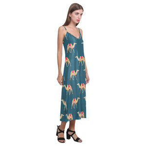 Camel pattern blue blackground V-Neck Open Fork Long Dress