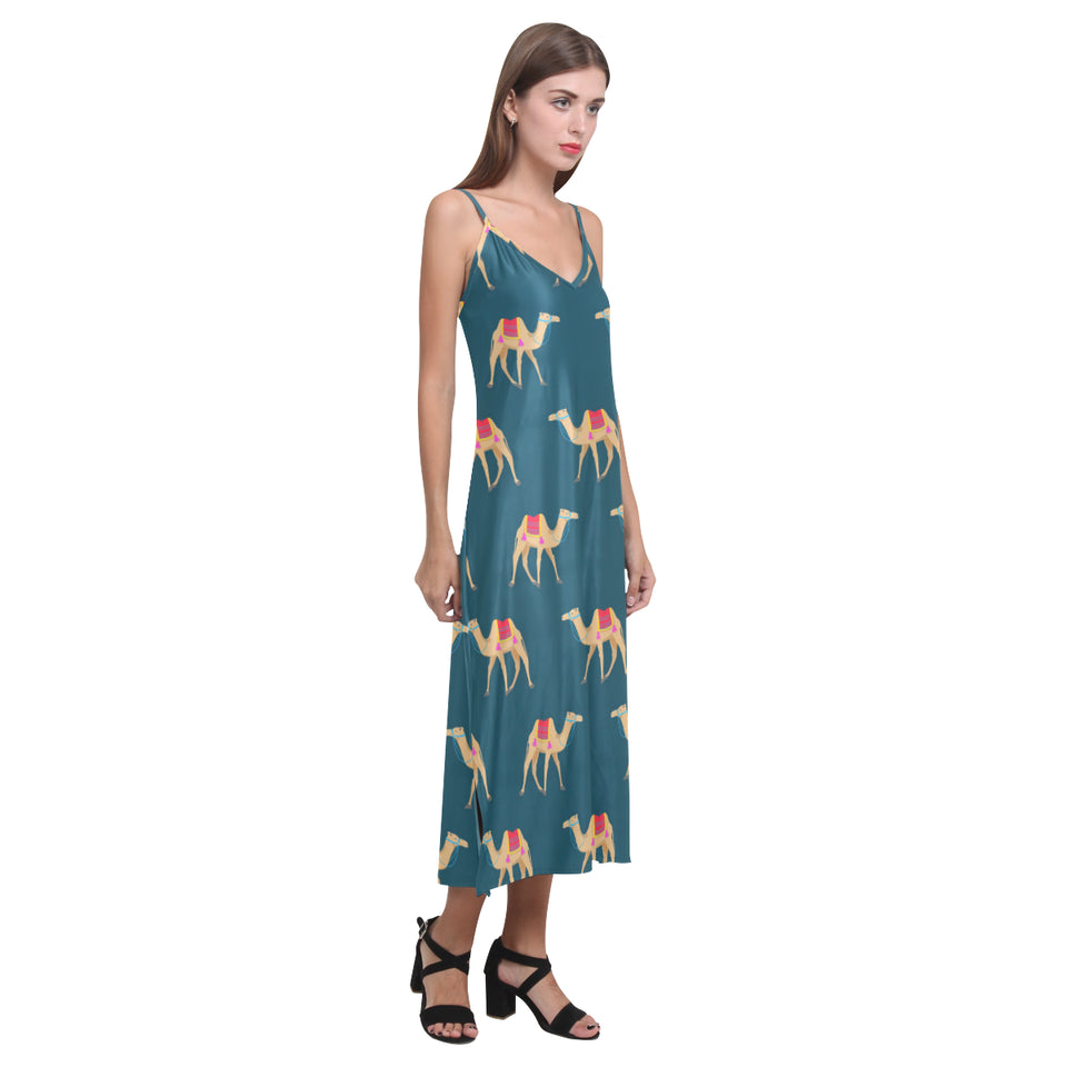 Camel pattern blue blackground V-Neck Open Fork Long Dress
