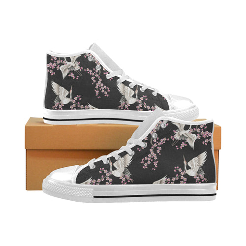Japanese crane pink sakura pattern Men's High Top Canvas Shoes White