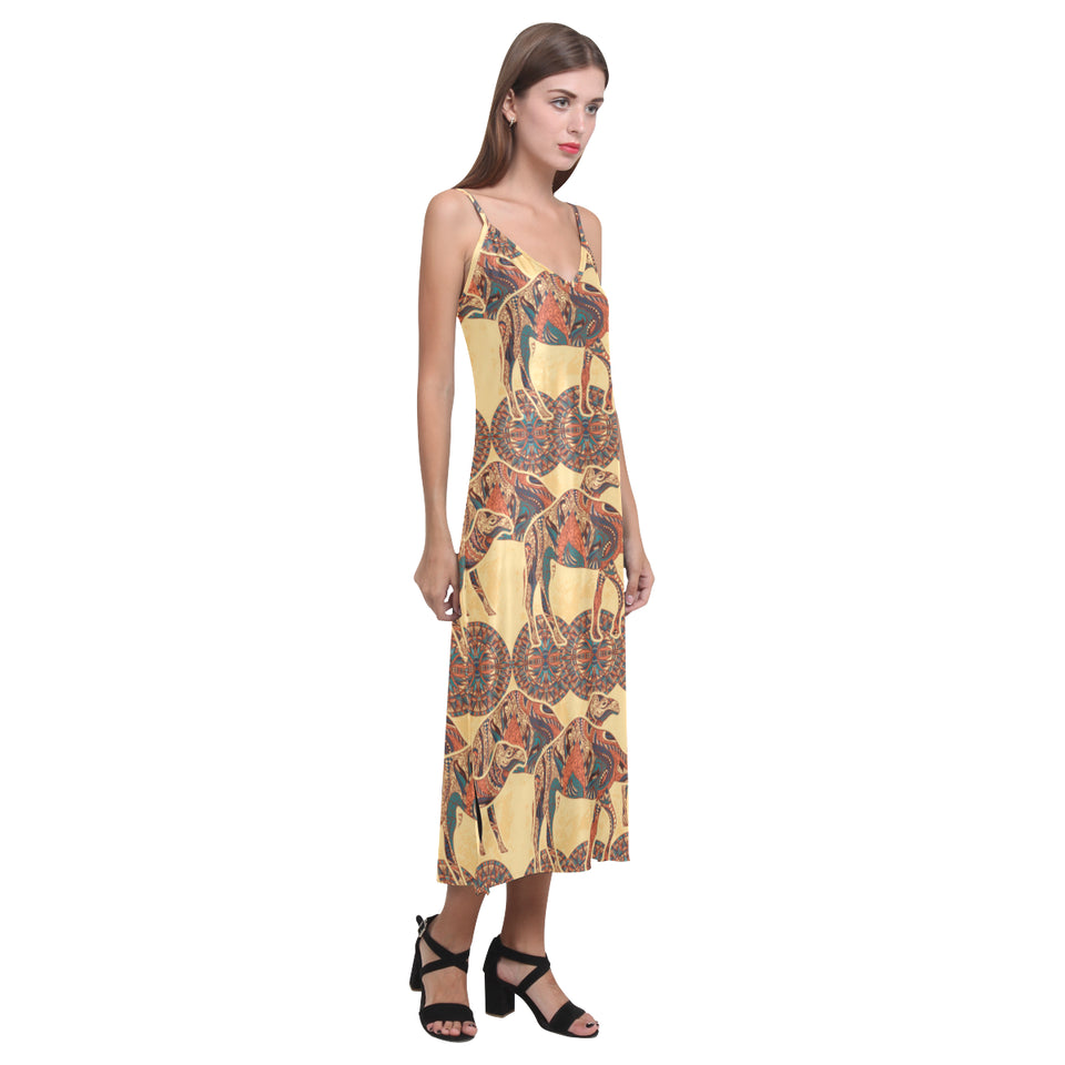 Camel polynesian tribal design pattern V-Neck Open Fork Long Dress