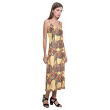 Camel polynesian tribal design pattern V-Neck Open Fork Long Dress