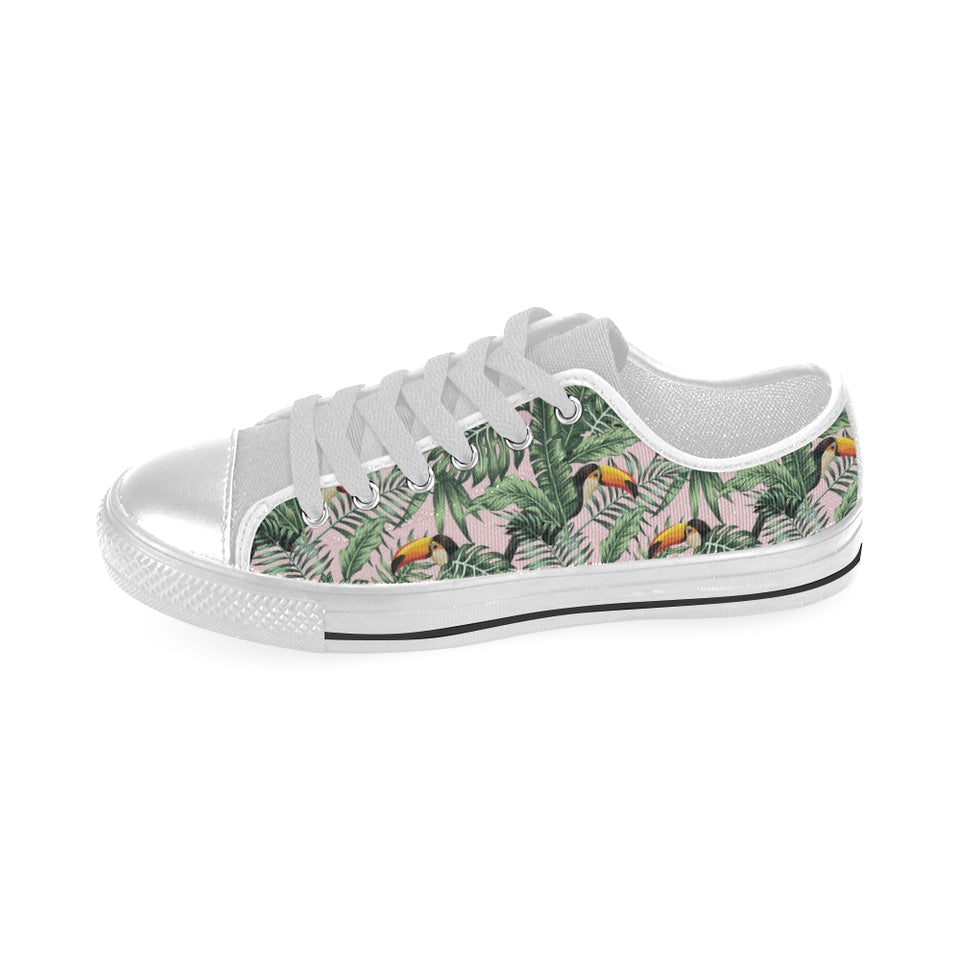 Toucan tropical green jungle palm pattern Men's Low Top Shoes White
