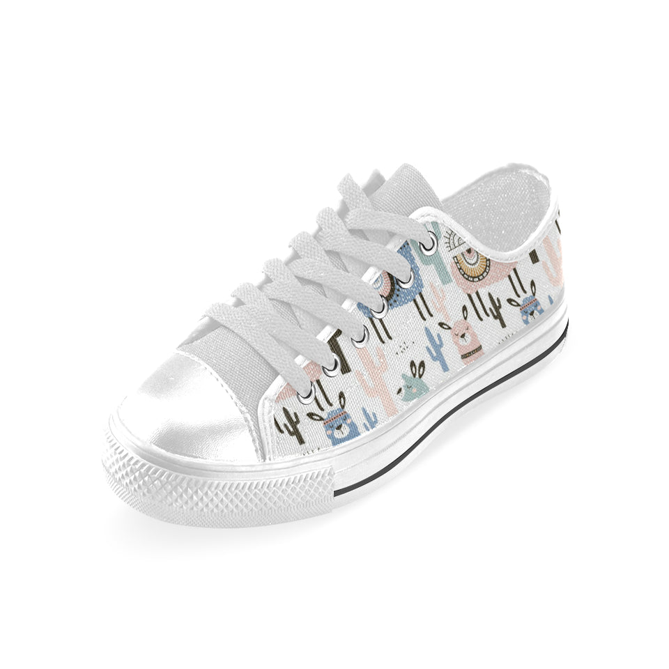 lama Alpaca cactus hand drawn pattern Men's Low Top Canvas Shoes White