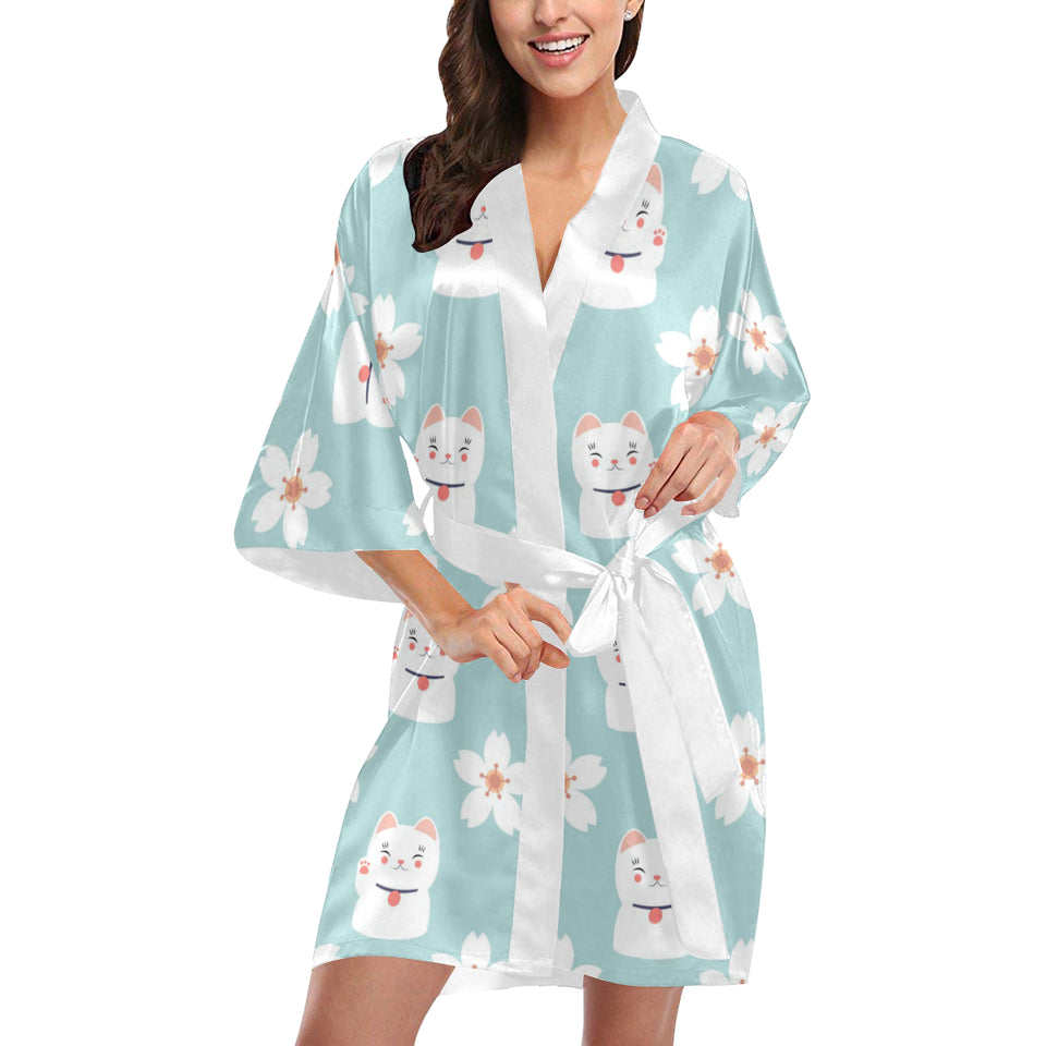 Maneki neko cat sakura Women's Short Kimono Robe
