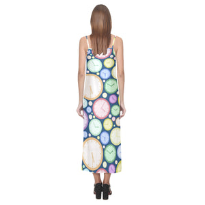 Colorful clock background V-Neck Open Fork Long Dress