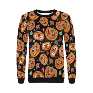 Pumpkin flowers spiderweb Halloween theme Women's Crew Neck Sweatshirt