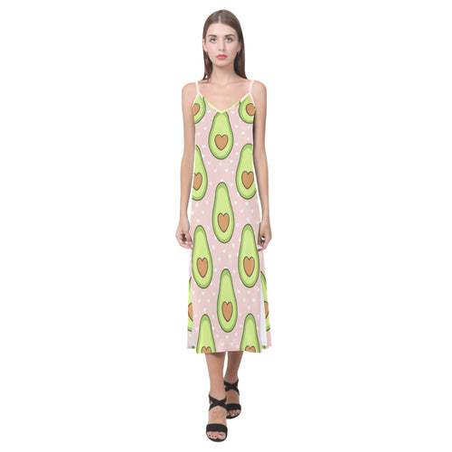Avocado heart pink background V-Neck Open Fork Long Dress