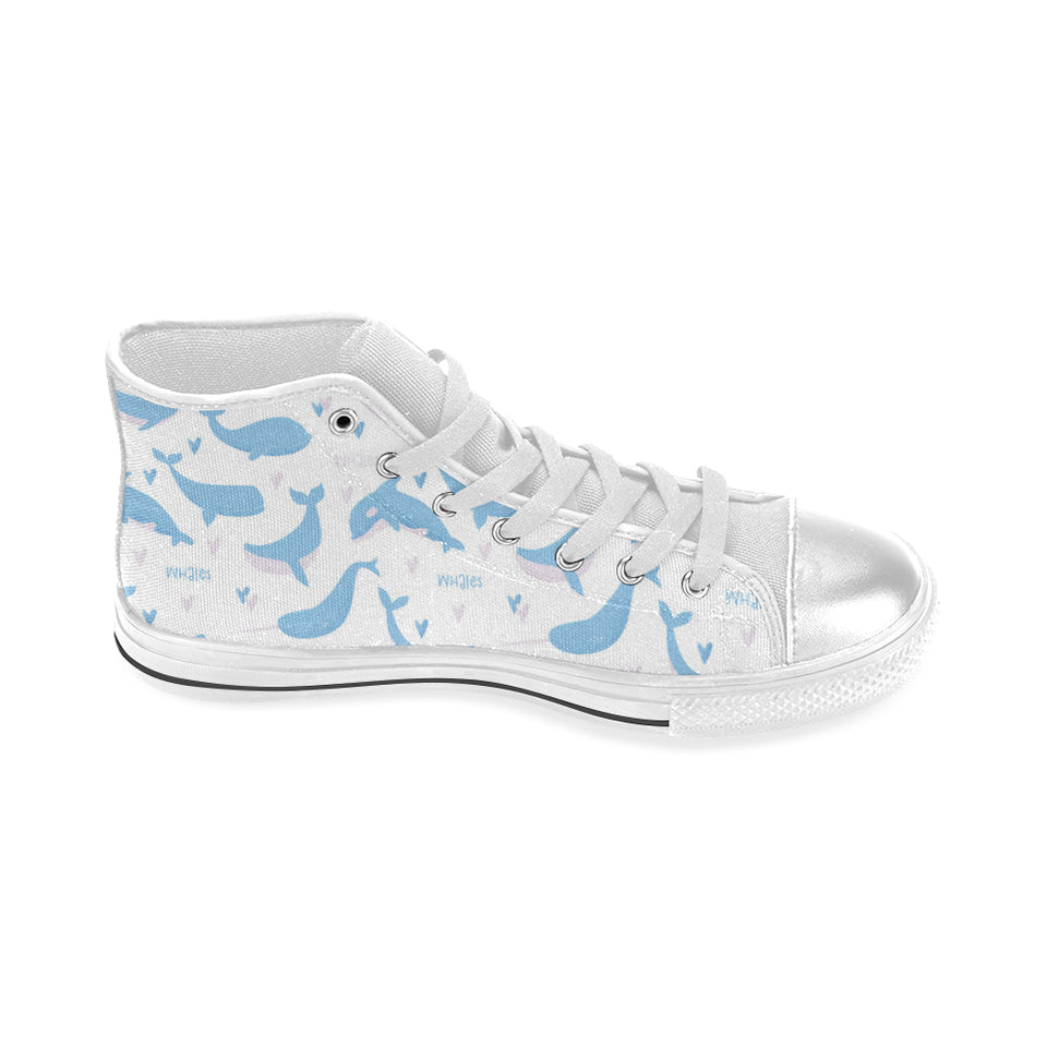 Blue whale pattern Women's High Top Canvas Shoes White