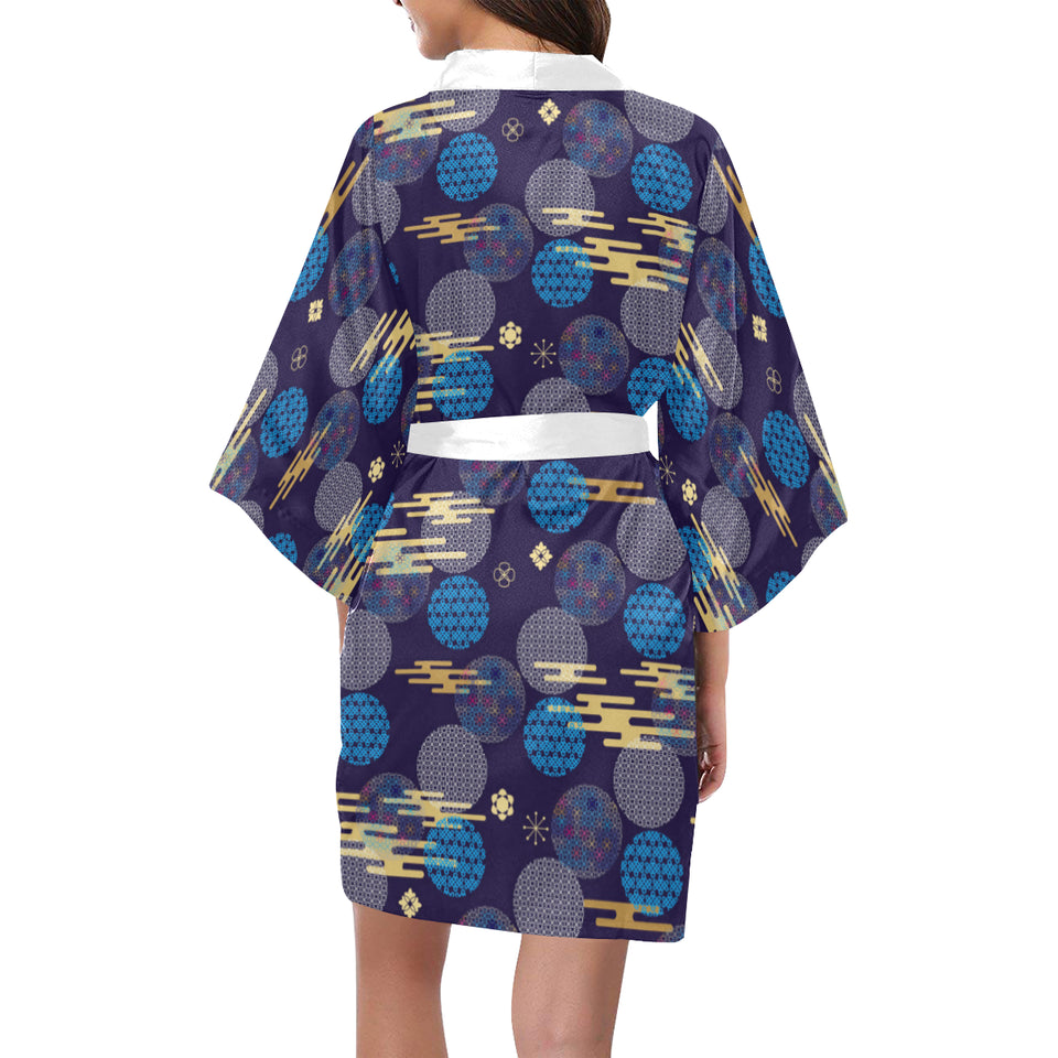 Blue japanese pattern cloud wave flower Women's Short Kimono Robe