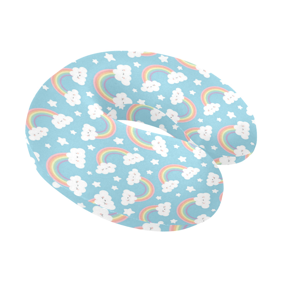 Cute rainbow clound star pattern blue background U-Shaped Travel Neck Pillow