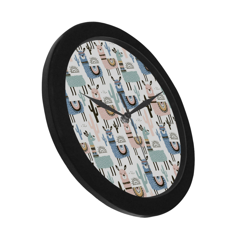 lama Alpaca cactus hand drawn pattern Elegant Black Wall Clock
